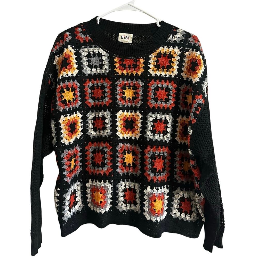 Gorgeous crochet sweater L BiBi black granny squares long sleeve unique comfy